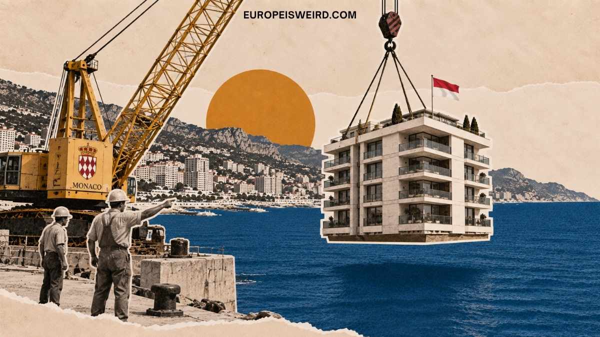 crane lowering apartment building into sea monaco