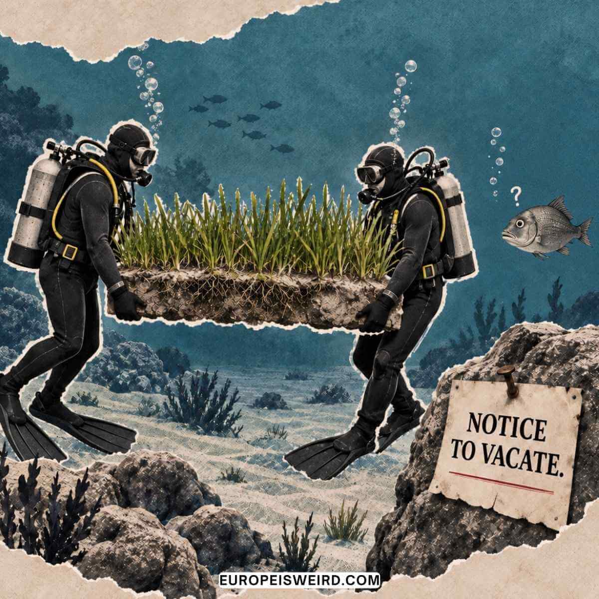 divers moving seagrass meadow in monaco
