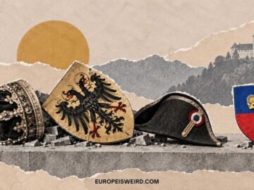 fallen crown and napoleon hat beside standing liechtenstein shield