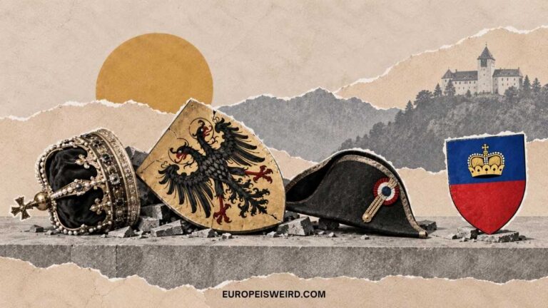 fallen crown and napoleon hat beside standing liechtenstein shield